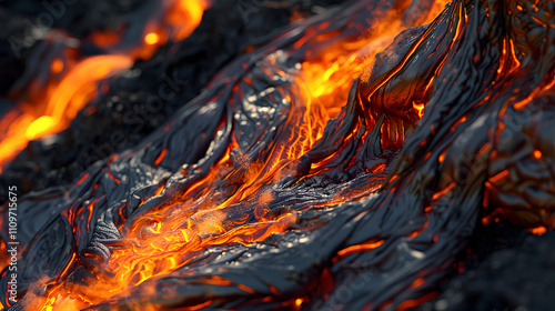 A lava flow is depicted in a black and orange color scheme. photo