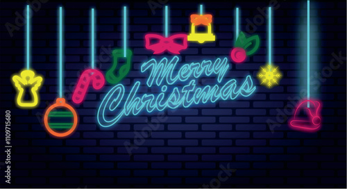 Neon Christmas set icons, Happy New Year neon sign. Night signboard