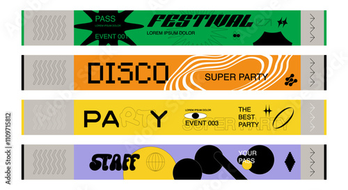 Control ticket bracelets for events, disco, festival, fan zone, party, staff. Vector mockup of a festival bracelet in a futuristic y2k style