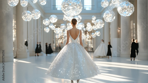 Élégance à la fois raffinée et royale : un défilé de mariées dans le grand hall dun musée photo