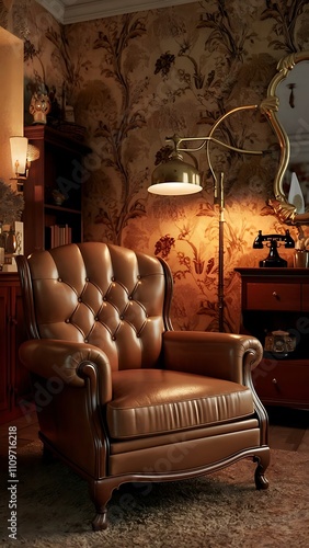 Classic leather armchair in avintage living room with wallpaper - rendering photo