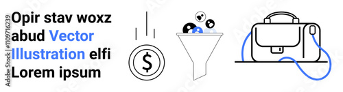 Coin dropping into funnel with currency symbols, briefcase with strap, and sample text. Ideal for marketing, finance, business, sales, e-commerce, investment, and educational content. Landing page