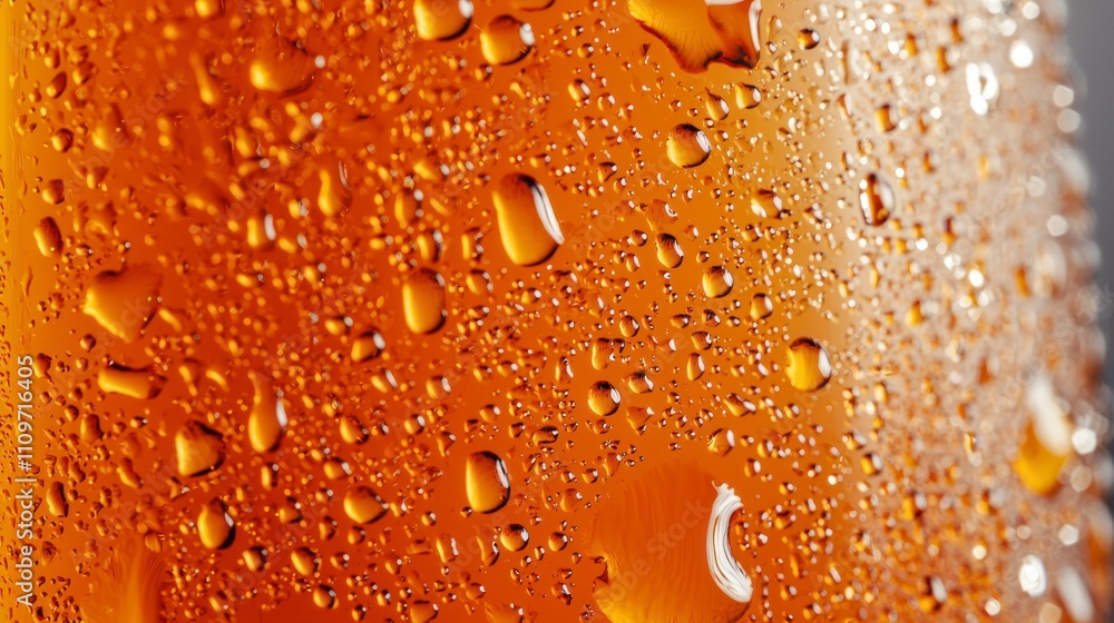 Close-up of beer glass with orange background and refreshing water droplets Close-up of beer glass with orange background and refreshing water droplets