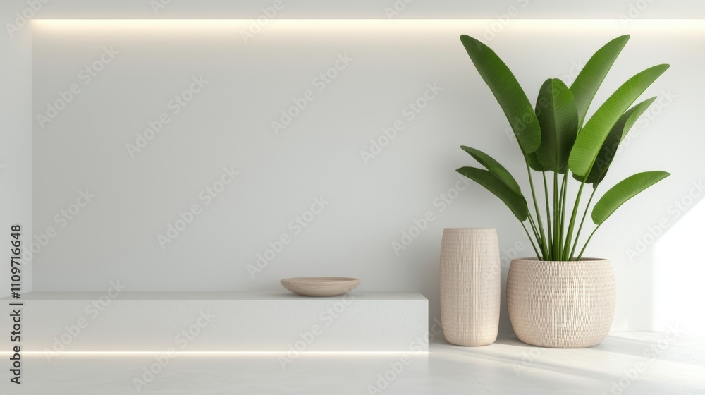 Modern and minimalist interior space with a white wall and floor. on the left side of the image, there is a white shelf with a small bowl on it. Modern and minimalist interior space with a white wall and floor. on the left side of the image, there is a white shelf with a small bowl on it.
