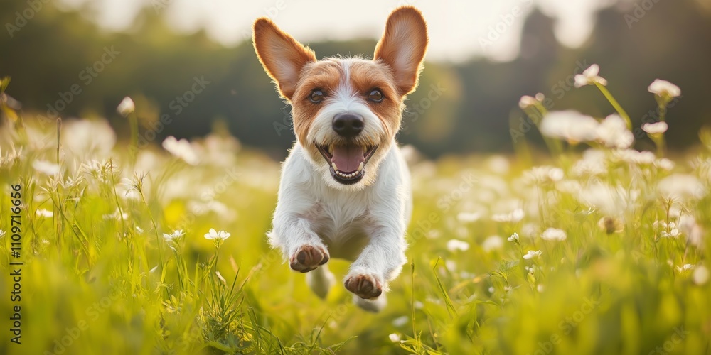 A dog is running through a field of flowers. The dog is happy and energetic, and the field is lush and green A dog is running through a field of flowers. The dog is happy and energetic, and the field is lush and green