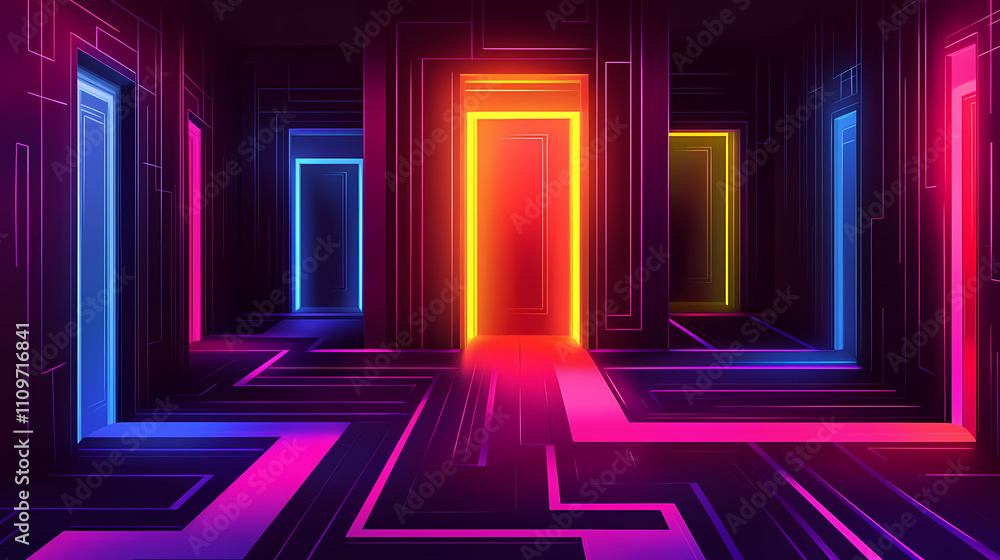 Neon maze odyssey: vibrant neon multiple doors in labyrinthine environments, futuristic, abstract. Labyrinthine. Illustration Neon maze odyssey: vibrant neon multiple doors in labyrinthine environments, futuristic, abstract. Labyrinthine. Illustration