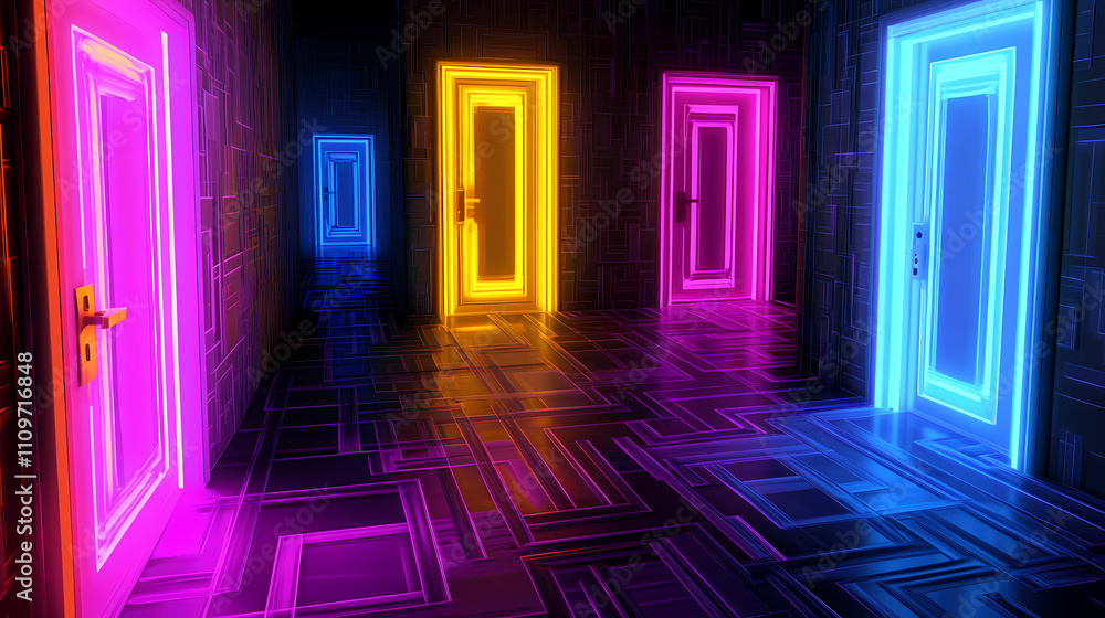 Neon maze odyssey: vibrant neon multiple doors in labyrinthine environments, futuristic, abstract. Labyrinthine. Illustration Neon maze odyssey: vibrant neon multiple doors in labyrinthine environments, futuristic, abstract. Labyrinthine. Illustration