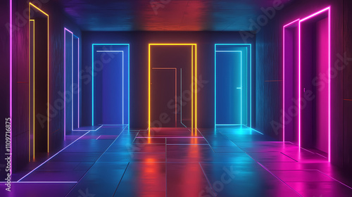 Neon maze odyssey: vibrant neon multiple doors in labyrinthine environments, futuristic, abstract. Labyrinthine. Illustration