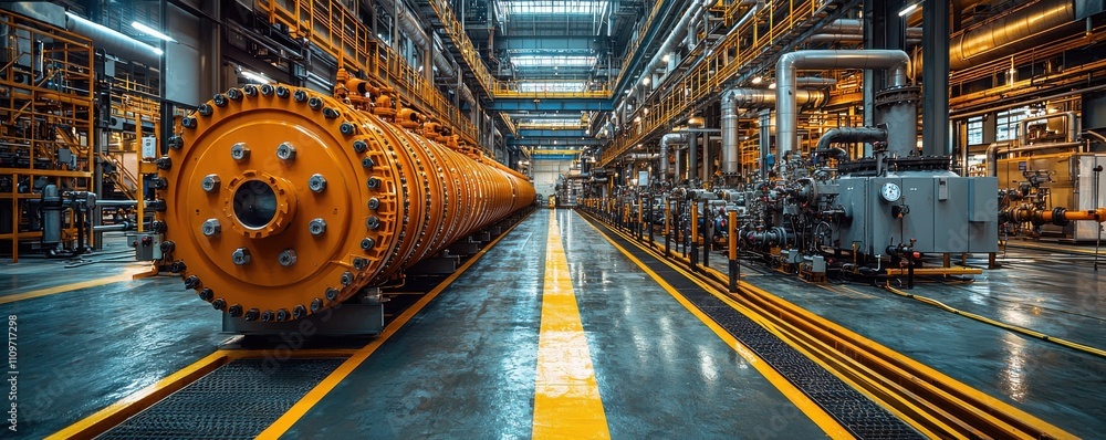 Obraz premium Industrial power plant with large horizontal electric turbines