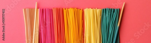 Wallpaper Mural Colorful noodles arranged in minimalist flat lay on pink background Torontodigital.ca