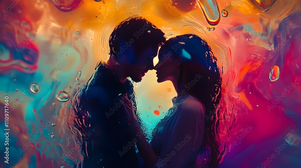 Man and woman embracing in surreal colorful liquid fantasy Man and woman embracing in surreal colorful liquid fantasy