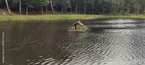 Domek dla kaczek na stawie. photo