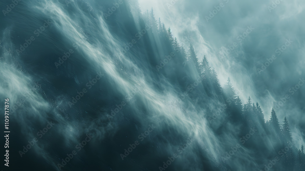Fototapeta premium A misty, cloudy sky with a mountain range in the background