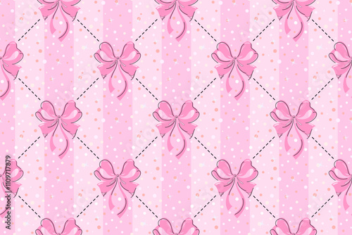 Pink bows and lines seamless pattern with small colorful dots, confetti or snowflakes background. Christmas or Valentines day holiday design
