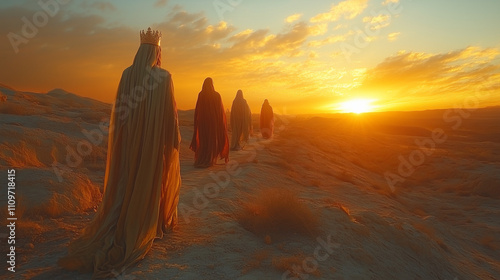 Four wise men with crowns walking towards the sunrise in a desert landscape photo