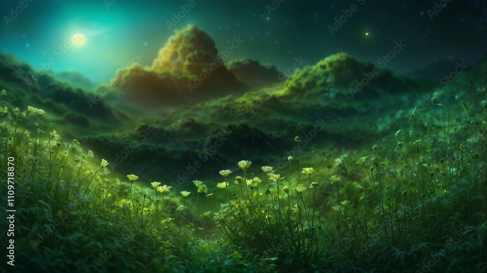 Fototapeta premium Detailed fantasy landscape planet tundra flowers in the glowing starry sunny green colorful light mountains poster banner hd ultra high resolution quality moon bright blue peaceful scene