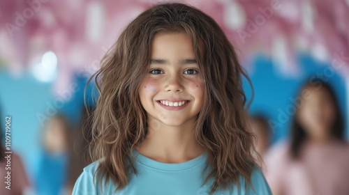 Portrait of a young girl with long, wavy brown hair. she is wearing a blue t-shirt and is smiling at the camera.