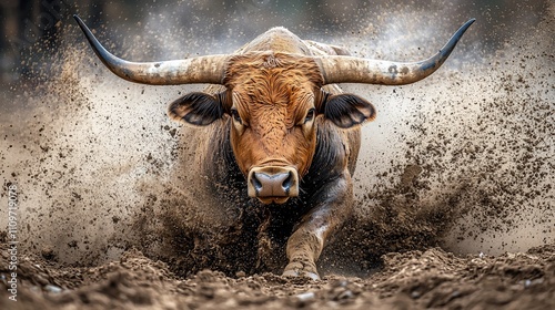 Powerful longhorn bull charging through dirt.
