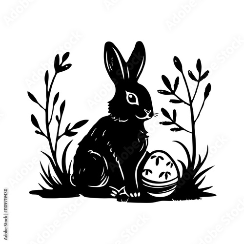 A black rabbit sits beside an Easter egg and greenery, in a stylized graphic design on a white background