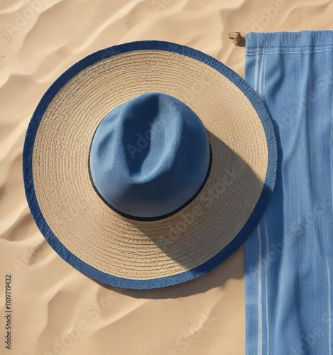 Blue beach towel and trendy straw hat on sunny beach, coastal escape, vacation necessities photo