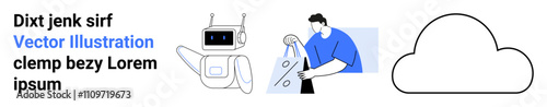 Robot holding shopping bags, man viewing content on a tablet, large cloud symbol. Ideal for technology, eCommerce, digital storage, online services, robotics connectivity innovation. Landing page