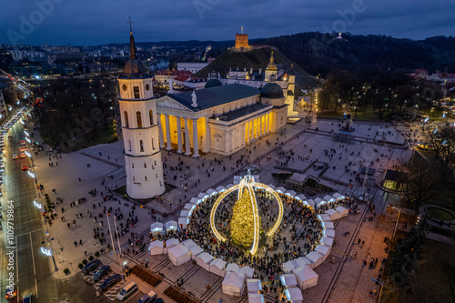 Aerial winter morning sunrise view of Cathedral Square, Vilnius old town, Christmas Tree, Lithuania