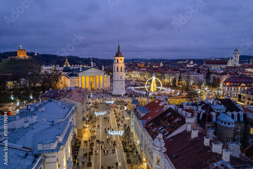Aerial winter morning sunrise view of Cathedral Square, Vilnius old town, Christmas Tree, Lithuania