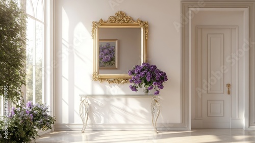 Sunlit hallway with ornate mirror, glass console table, and purple flowers.