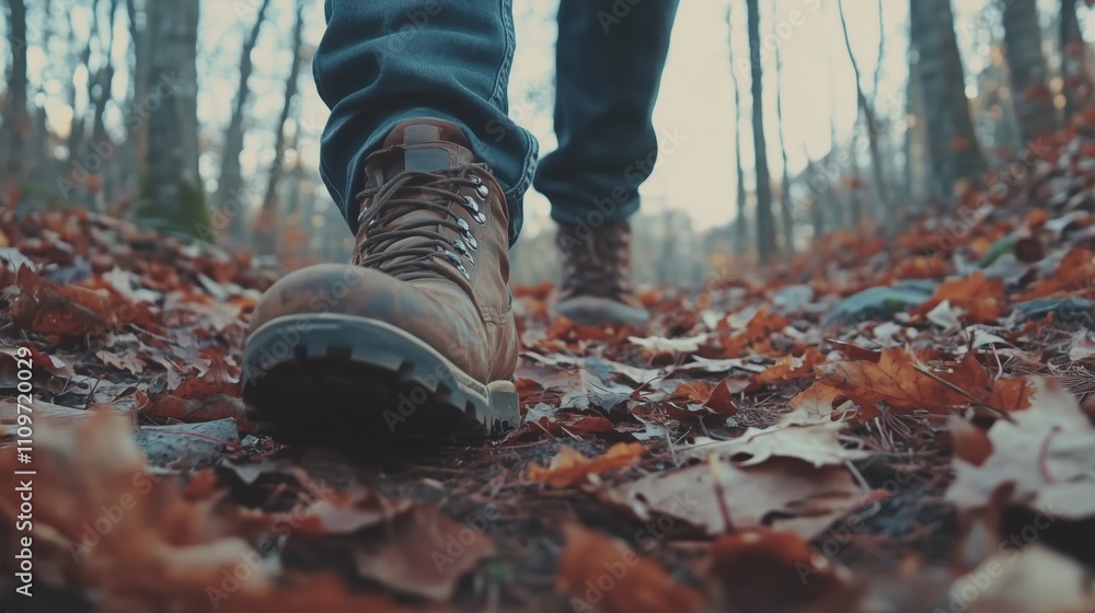Obraz premium A person wearing hiking boots walking along a forest trail covered in fallen leaves, focus on the legs and shoes, soft natural lighting filtering through the trees