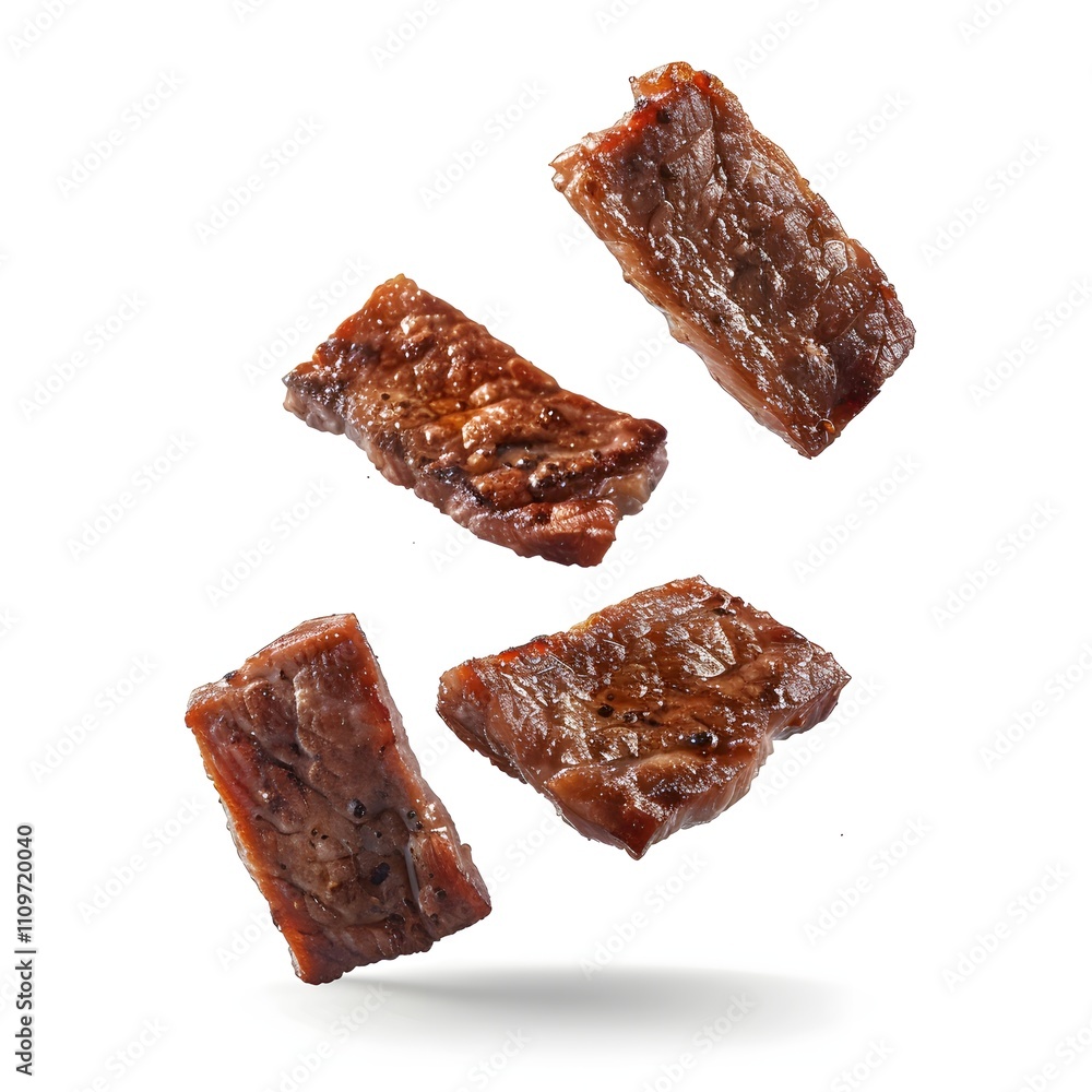 Four pieces of grilled beef, falling against a white background. A delicious and savory image, perfect for food blogs or culinary websites. Four pieces of grilled beef, falling against a white background. A delicious and savory image, perfect for food blogs or culinary websites.