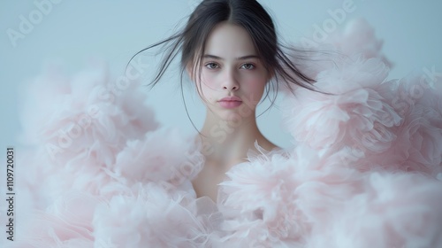 Portrait of a young woman with long dark hair that is blowing in the wind. she is wearing a white dress with a ruffled skirt that is made up of multiple layers of pink feathers.