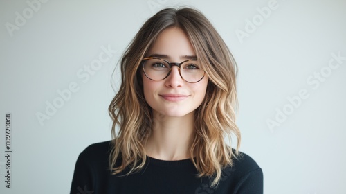 A portrait of a young woman with a bright, confident smile, wearing stylish modern eyeglasses, her wavy hair softly cascading over her shoulders