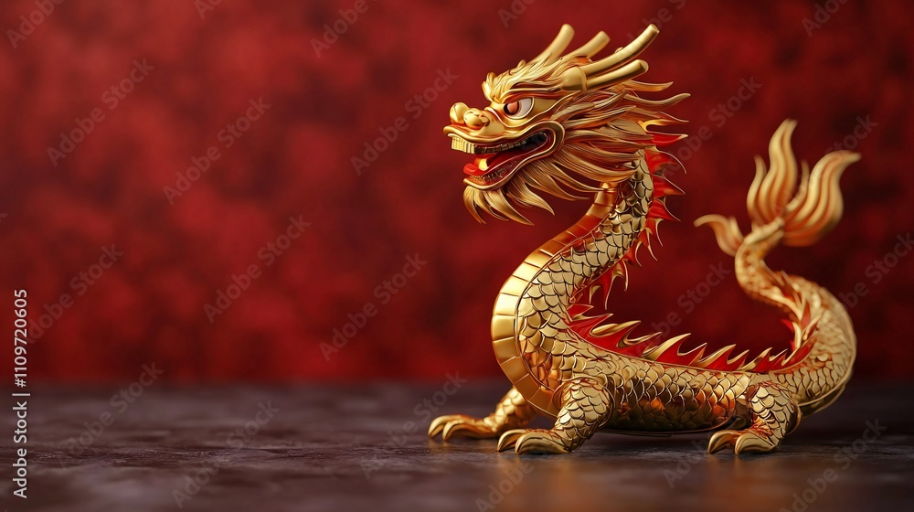 Obraz premium Golden Dragon Statue Chinese Mythology Red Background 3D Render