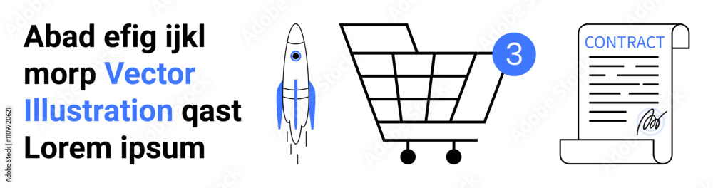 Rocket, shopping cart with notification, and contract with signature. Ideal for showcasing startup launches, e-commerce, legal agreements, tech advancements, business growth, marketing strategies Rocket, shopping cart with notification, and contract with signature. Ideal for showcasing startup launches, e-commerce, legal agreements, tech advancements, business growth, marketing strategies