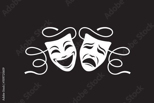 icon of comedy and tragedy theatrical masks isolated on black background