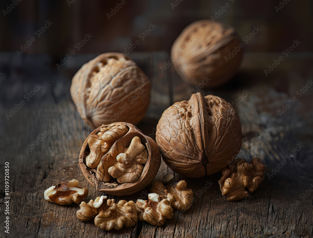 Walnuts and broken walnuts on an old wooden table Walnuts and broken walnuts on an old wooden table