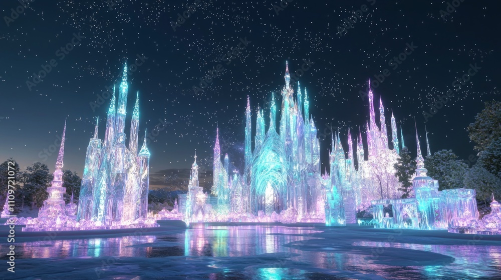 Fototapeta premium Enchanted Ice Castle in Starry Night - A Fantastical Winter Wonderland of Intricate Sculptures, Colorful Reflections, and Sparkling Flurries