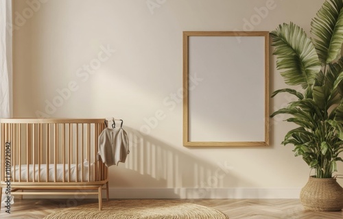 3D Rendering of Empty Picture Frame in Nursery Room with Beige Tones, Wooden Crib, Baby Hangers, Plant, and Round Rug for Design Mockup.

