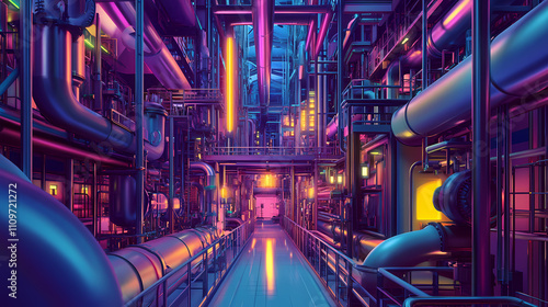 A vast, complex network of industrial pipes and machinery creates an intricate, dreamlike environment bathed in a vibrant glow of neon lights. Labyrinthine. Illustration