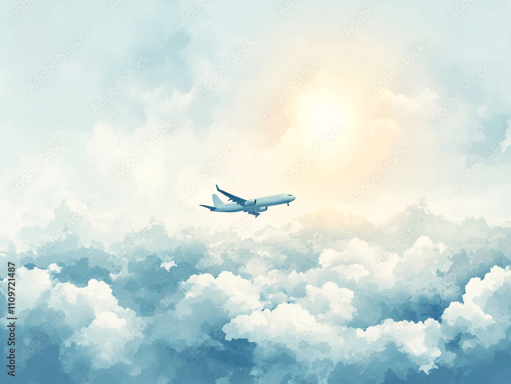Airplane flying through fluffy clouds under a bright sky during daylight hours Airplane flying through fluffy clouds under a bright sky during daylight hours