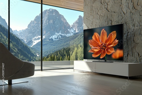 Elegant living room with smart TV and mountain view scenery