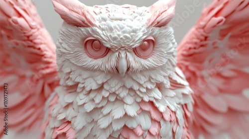 Pink and white owl sculpture with spread wings, close-up.