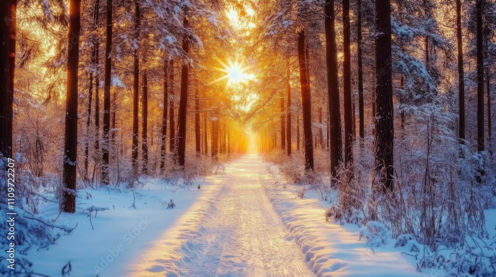 Sunlit Path Through a Snowy Forest Sunlit Path Through a Snowy Forest