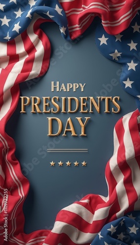 This vibrant image features a backdrop of deep blue, elegantly framed by flowing red and white striped fabric, reminiscent of the American flag. The golden text 