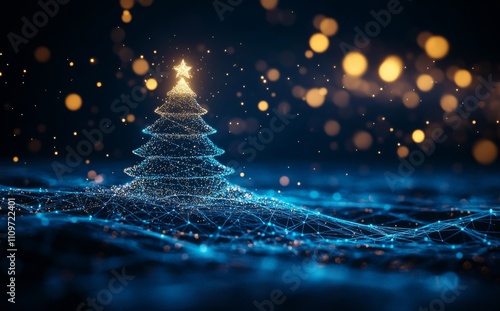 A stunning digital depiction of a blue Christmas tree illuminated in a landscape filled with stars.