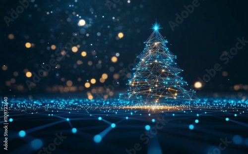 A festive digital Christmas tree composed of luminous blue lines and nodes set against a dark, starry night sky. photo