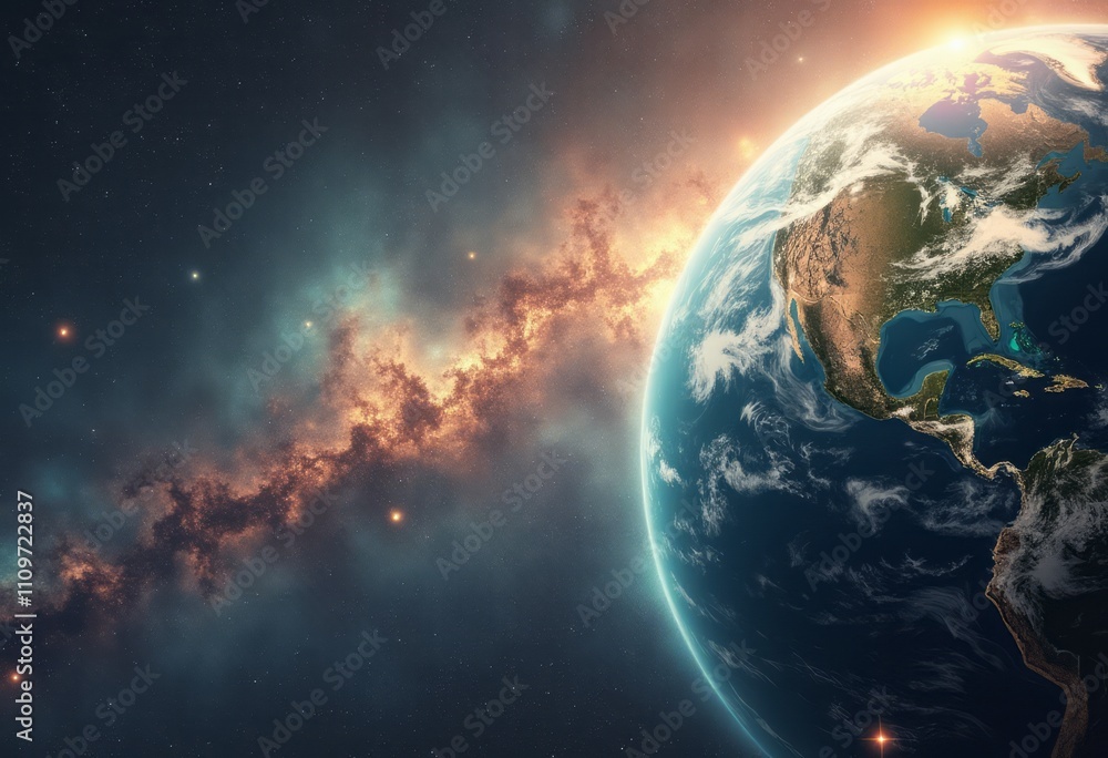 This breathtaking image captures Earth in all its glory, floating in the vastness of space, surrounded by a stunning cosmic backdrop. The vibrant colors of the galaxy swirl around, with hints of This breathtaking image captures Earth in all its glory, floating in the vastness of space, surrounded by a stunning cosmic backdrop. The vibrant colors of the galaxy swirl around, with hints of