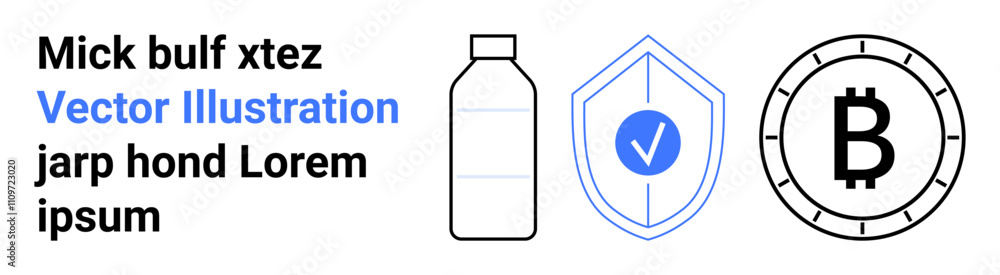 Digital security shield with checkmark, cryptocurrency coin with Bitcoin symbol, and rectangle water bottle. Ideal for financial services, tech security, health, trade, blockchain, protection Digital security shield with checkmark, cryptocurrency coin with Bitcoin symbol, and rectangle water bottle. Ideal for financial services, tech security, health, trade, blockchain, protection
