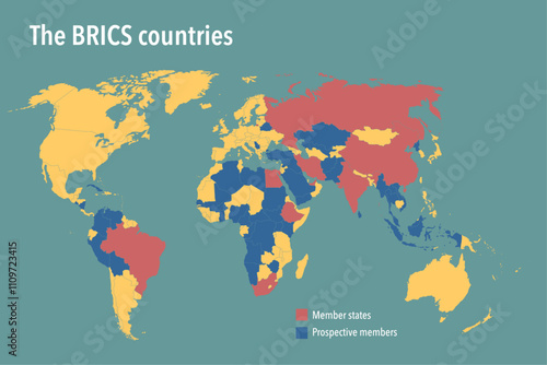 Vector graphic of world map highlighting BRICS member countries and prospective members