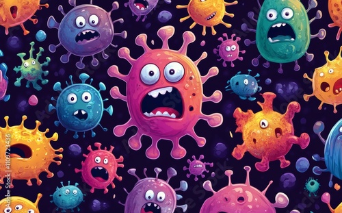 Vibrant cartoon germs with lively expressions in different sizes on a dark background, creating a fun and whimsical ambiance.